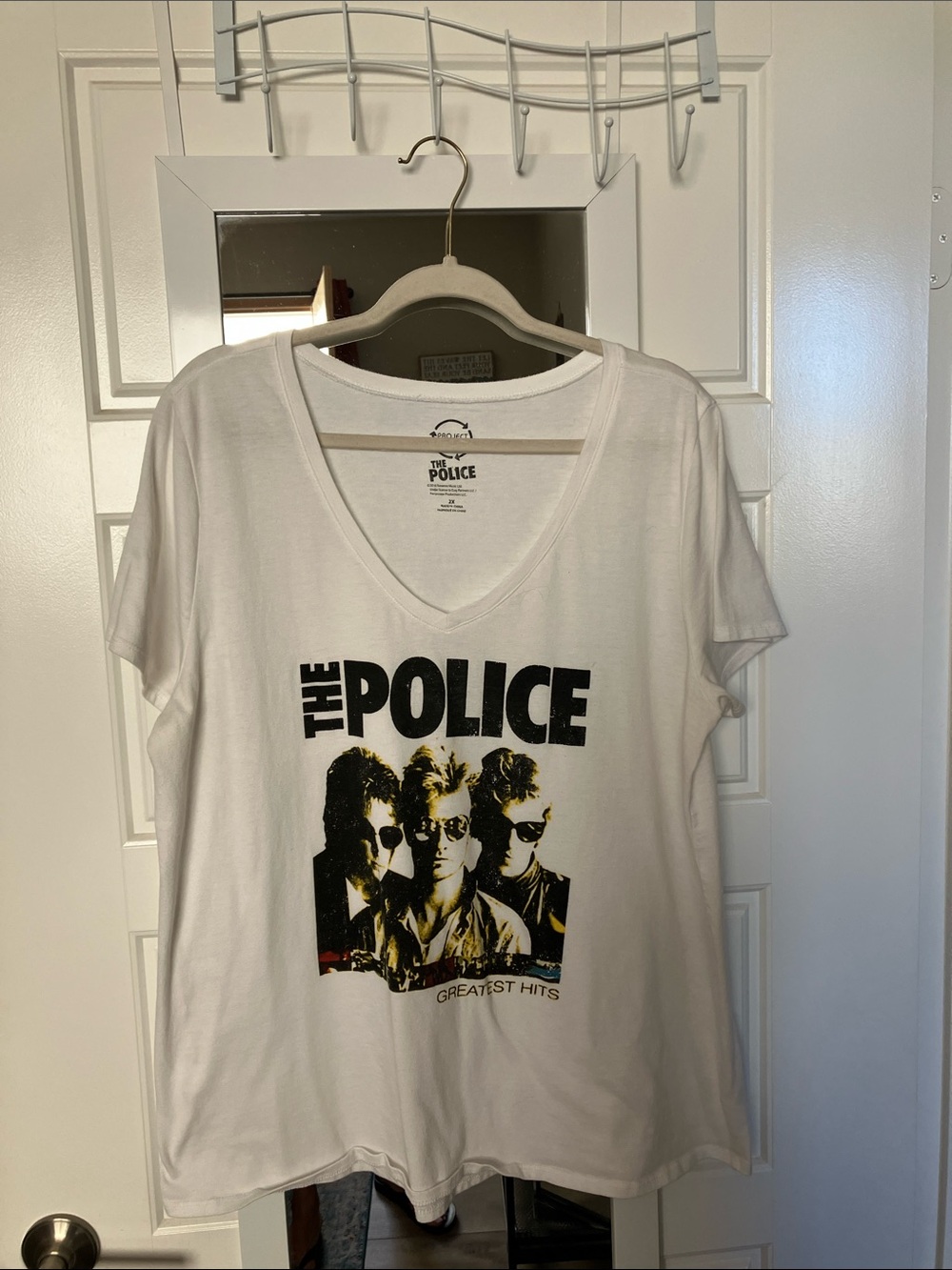 Police White V-Neck Tee with Black & Yellow Band Graphic Sting